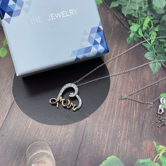 Sterling Silver Two Tone Rose Gold Mom CZ Heart Necklace - Picture 2 of 4